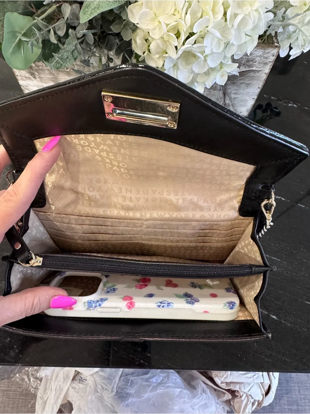 Kate Spade Leopard Calf Hair Wallet On Chain Crossbody Clutch Black